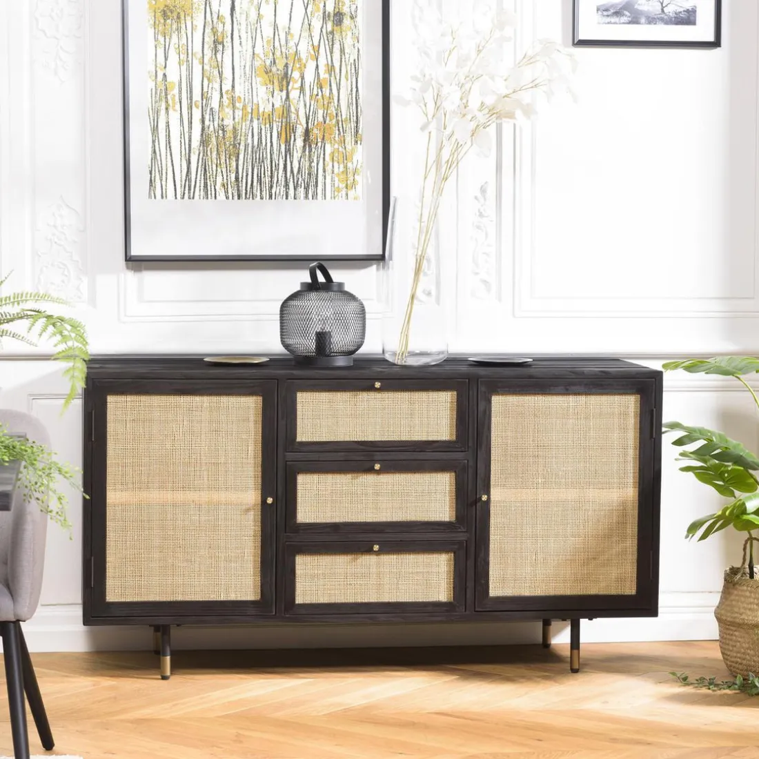 Buffet Noir 2 Portes Coulissantes 1 Porte Abattante Cannage YANIS