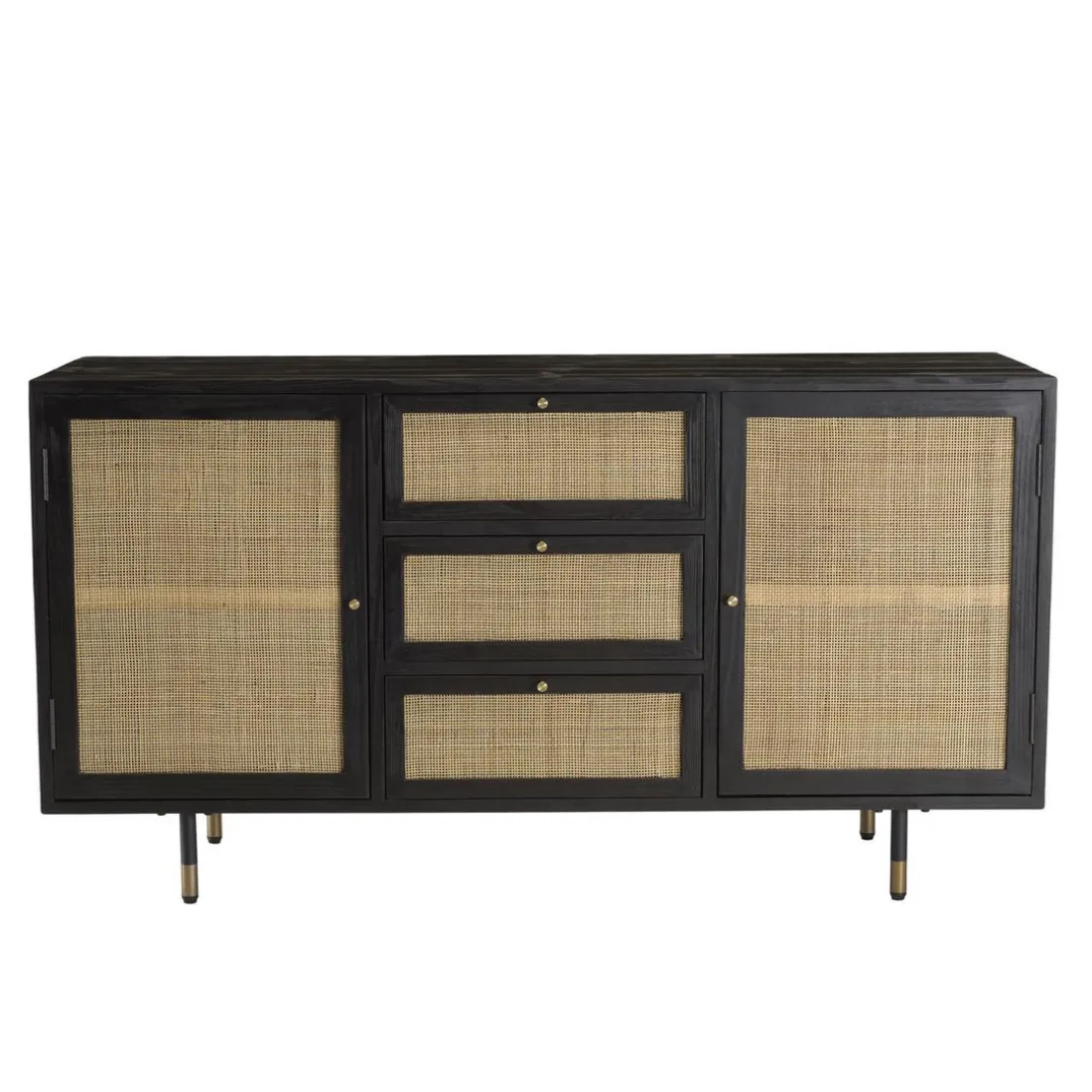 Buffet Noir 2 Portes Coulissantes 1 Porte Abattante Cannage YANIS