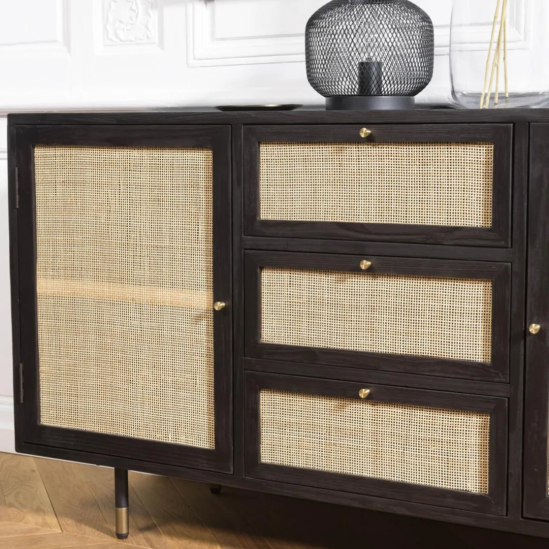 Buffet Noir 2 Portes Coulissantes 1 Porte Abattante Cannage YANIS