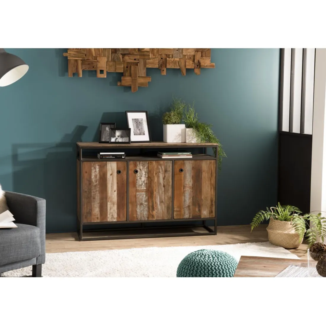 Buffet SIXTINE 3 Portes Et 1 Étagère Bois Teck Recyclé Acacia Mahogany Et Métal