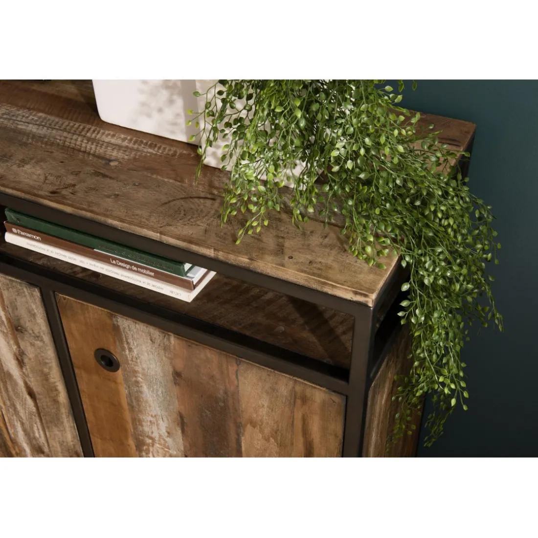 Buffet SIXTINE 3 Portes Et 1 Étagère Bois Teck Recyclé Acacia Mahogany Et Métal