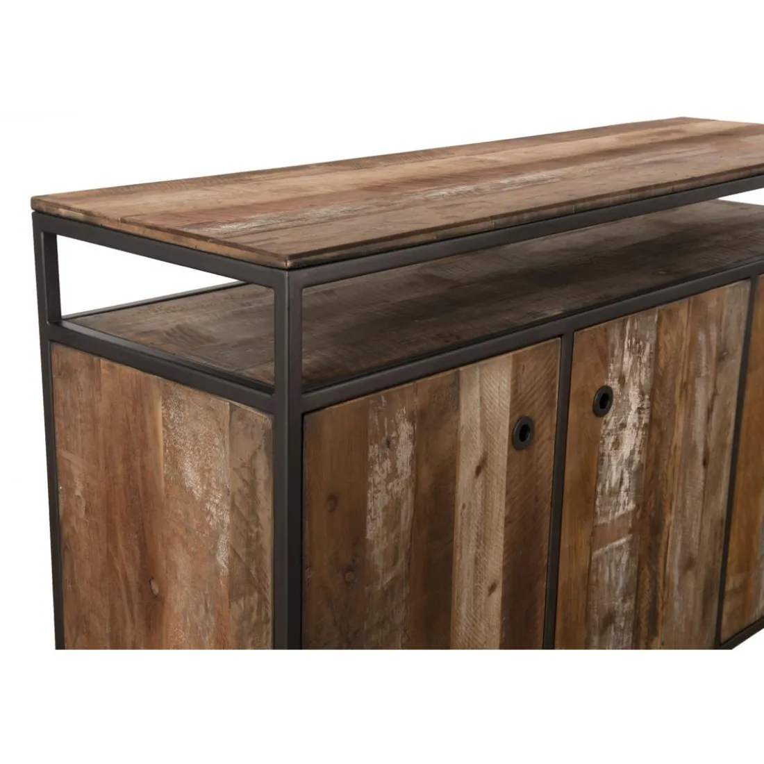 Buffet SIXTINE 3 Portes Et 1 Étagère Bois Teck Recyclé Acacia Mahogany Et Métal