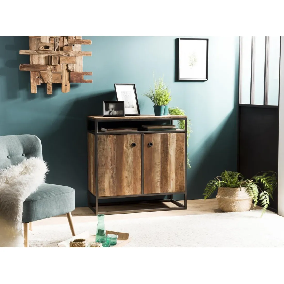 Buffet SIXTINE 2 Portes Et 1 Étagère Bois Teck Recyclé Acacia Mahogany Et Métal