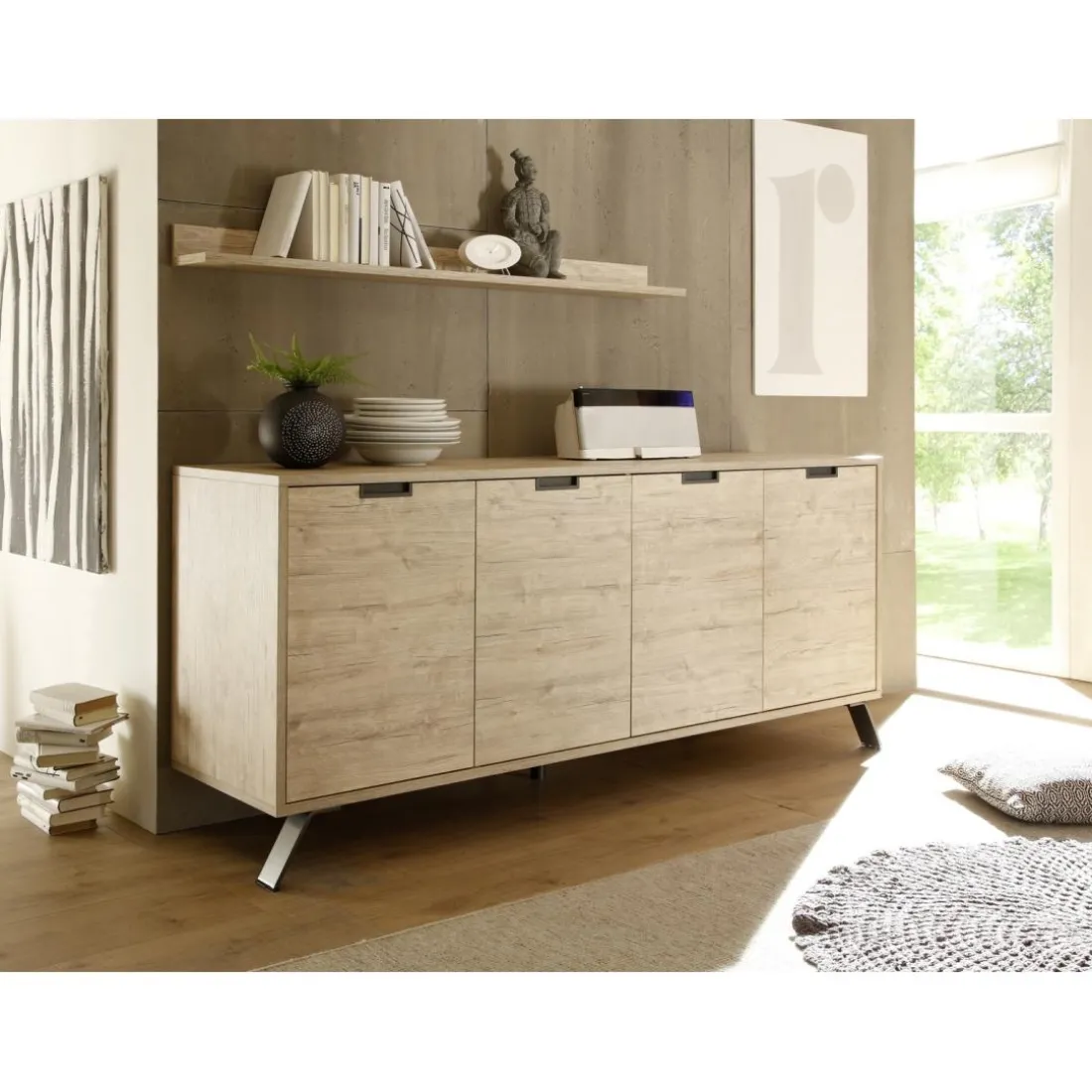 Buffet vaisselier 4 portes PALMA décor chene clair