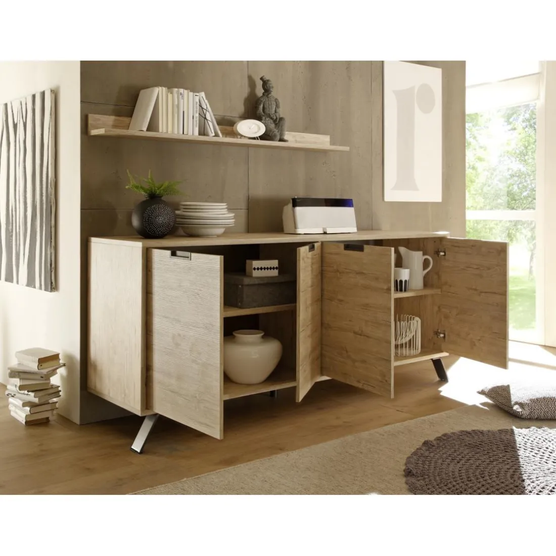 Buffet vaisselier 4 portes PALMA décor chene clair