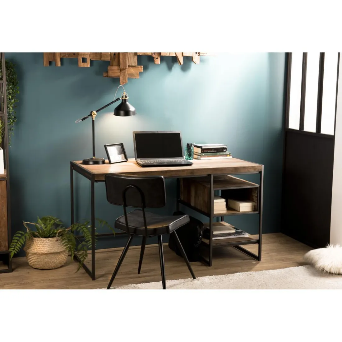 Bureau 1 Niche Et 1 Tablette Bois Teck Recyclé Acacia Mahogany Et Métal