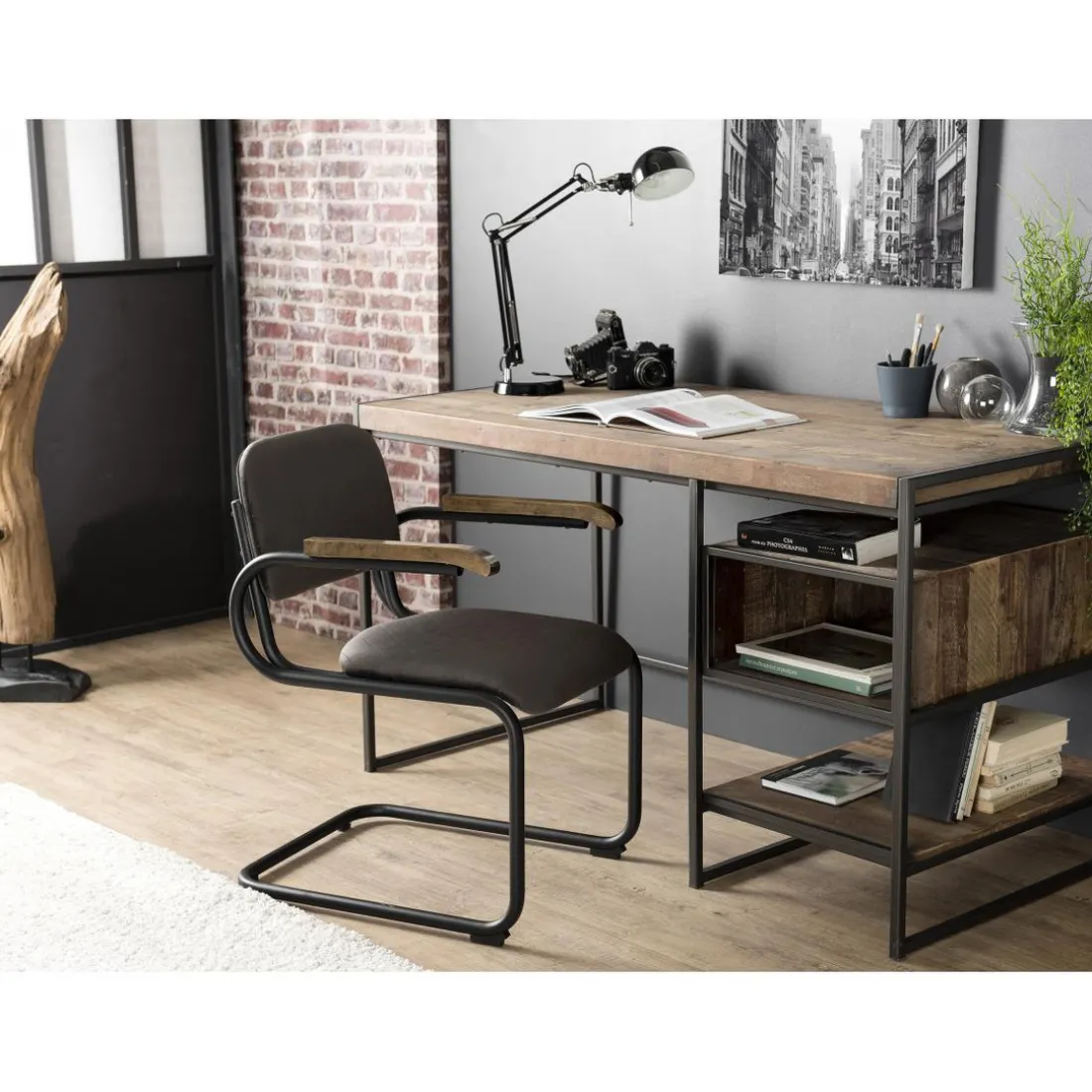Bureau 1 Niche Et 1 Tablette Bois Teck Recyclé Acacia Mahogany Et Métal