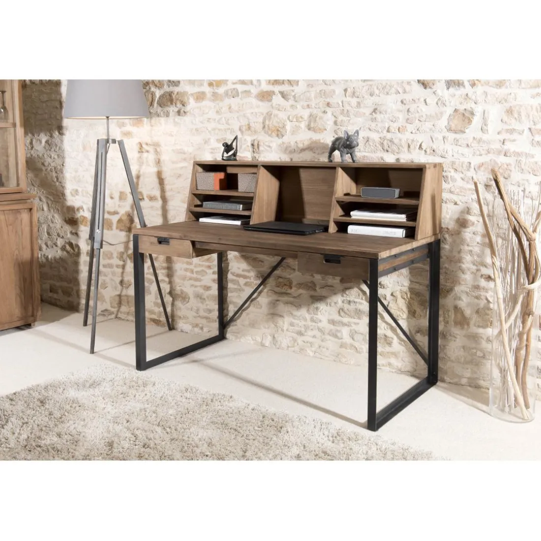 Bureau 2 tiroirs bois et métal avec étagères - NASAI