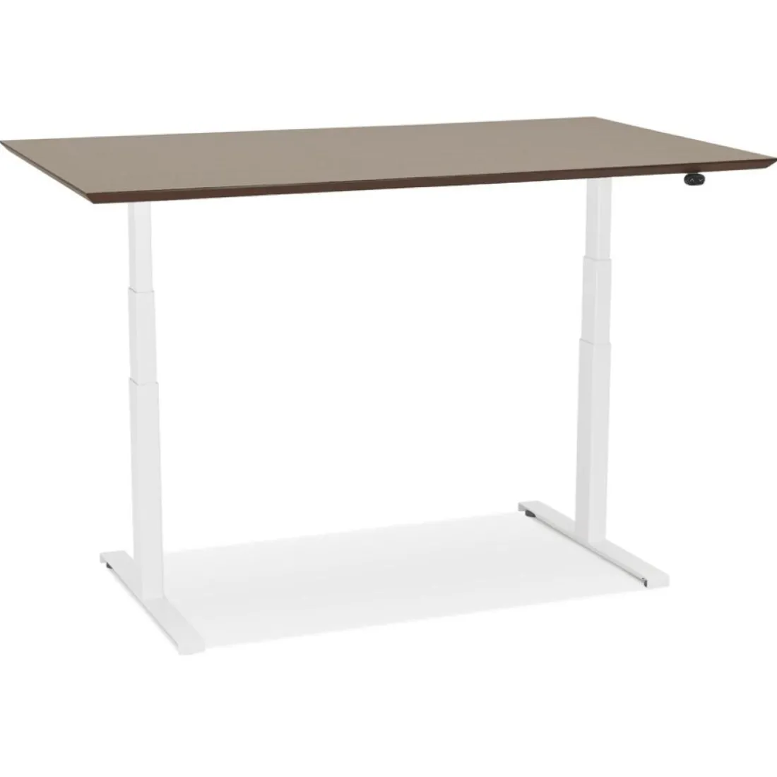 Bureau assis-debout électrique 'BIONIK'avec plateau en bois finition Noyer et pied en métal blanc