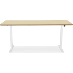 Bureau assis-debout électrique 'BIONIK'avec plateau en bois finition naturelle et pied en métal blanc