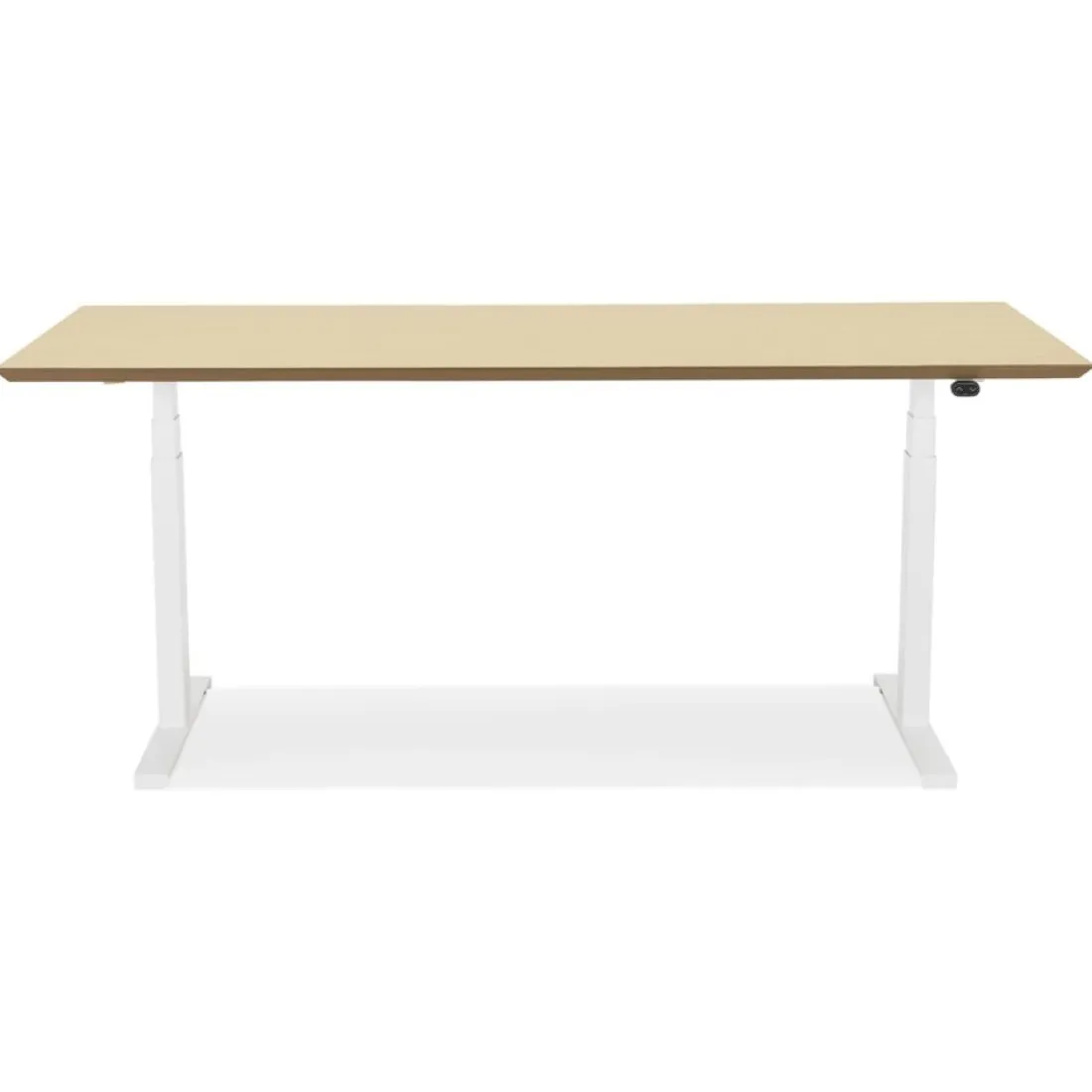 Bureau assis-debout électrique 'BIONIK'avec plateau en bois finition naturelle et pied en métal blanc