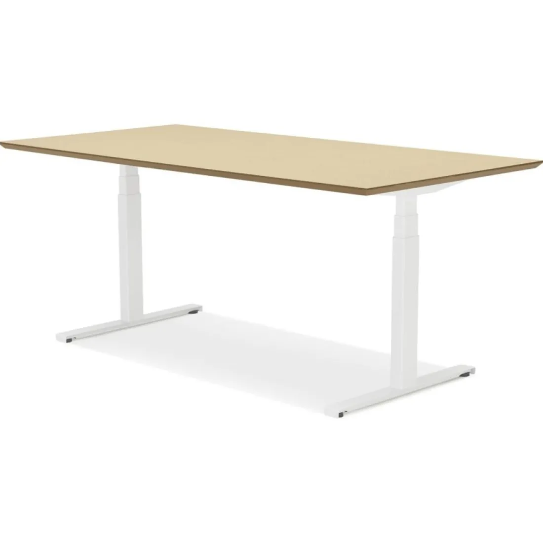 Bureau assis-debout électrique 'BIONIK'avec plateau en bois finition naturelle et pied en métal blanc