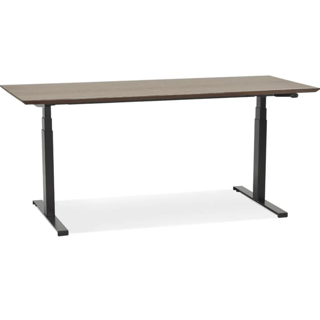 Bureau assis-debout électrique avec plateau en bois finition Noyer et pied en métal noir