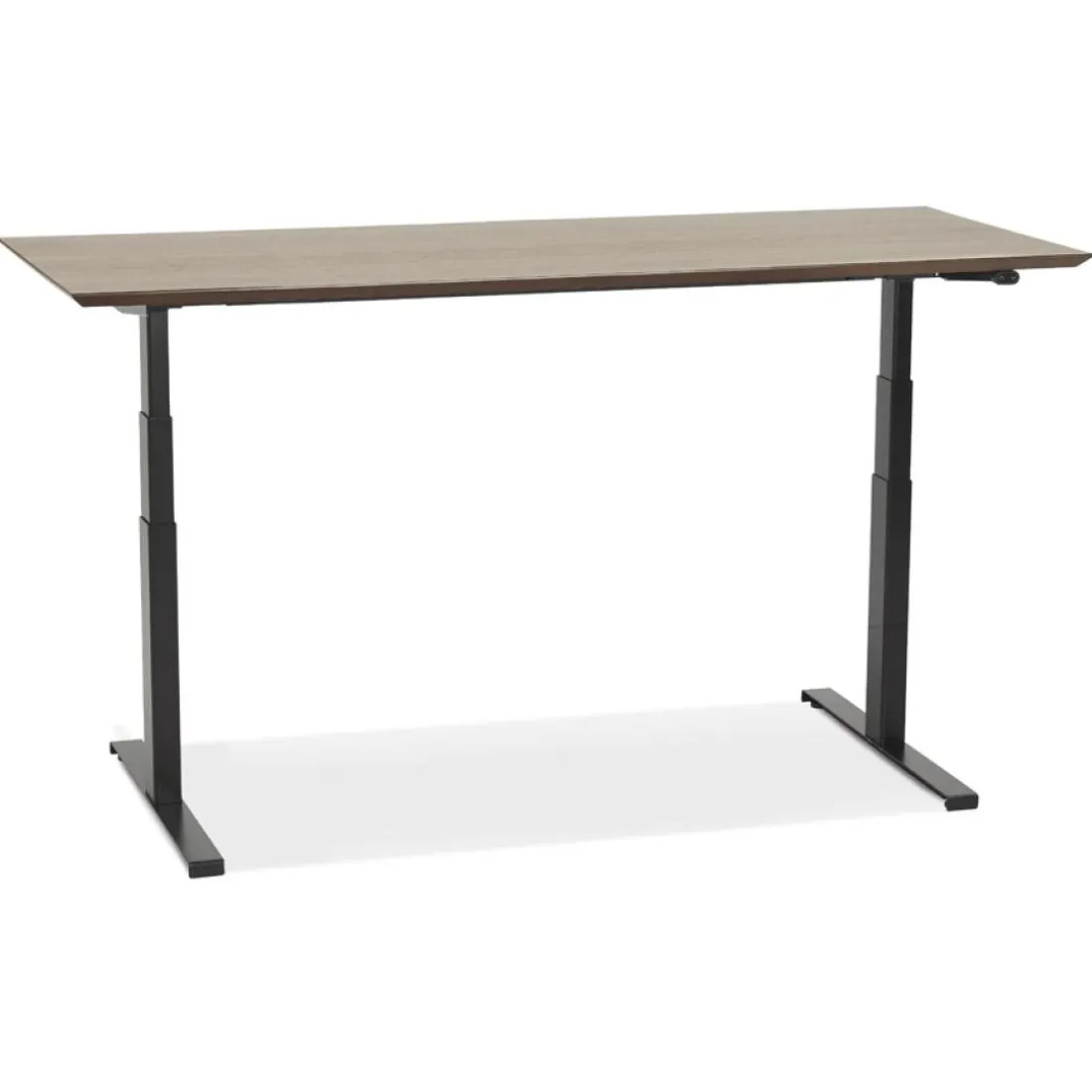 Bureau assis-debout électrique avec plateau en bois finition Noyer et pied en métal noir