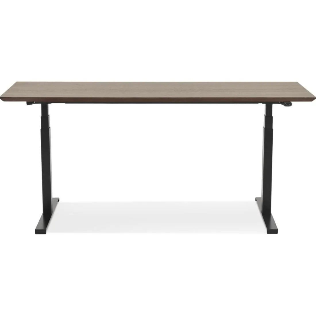 Bureau assis-debout électrique avec plateau en bois finition Noyer et pied en métal noir
