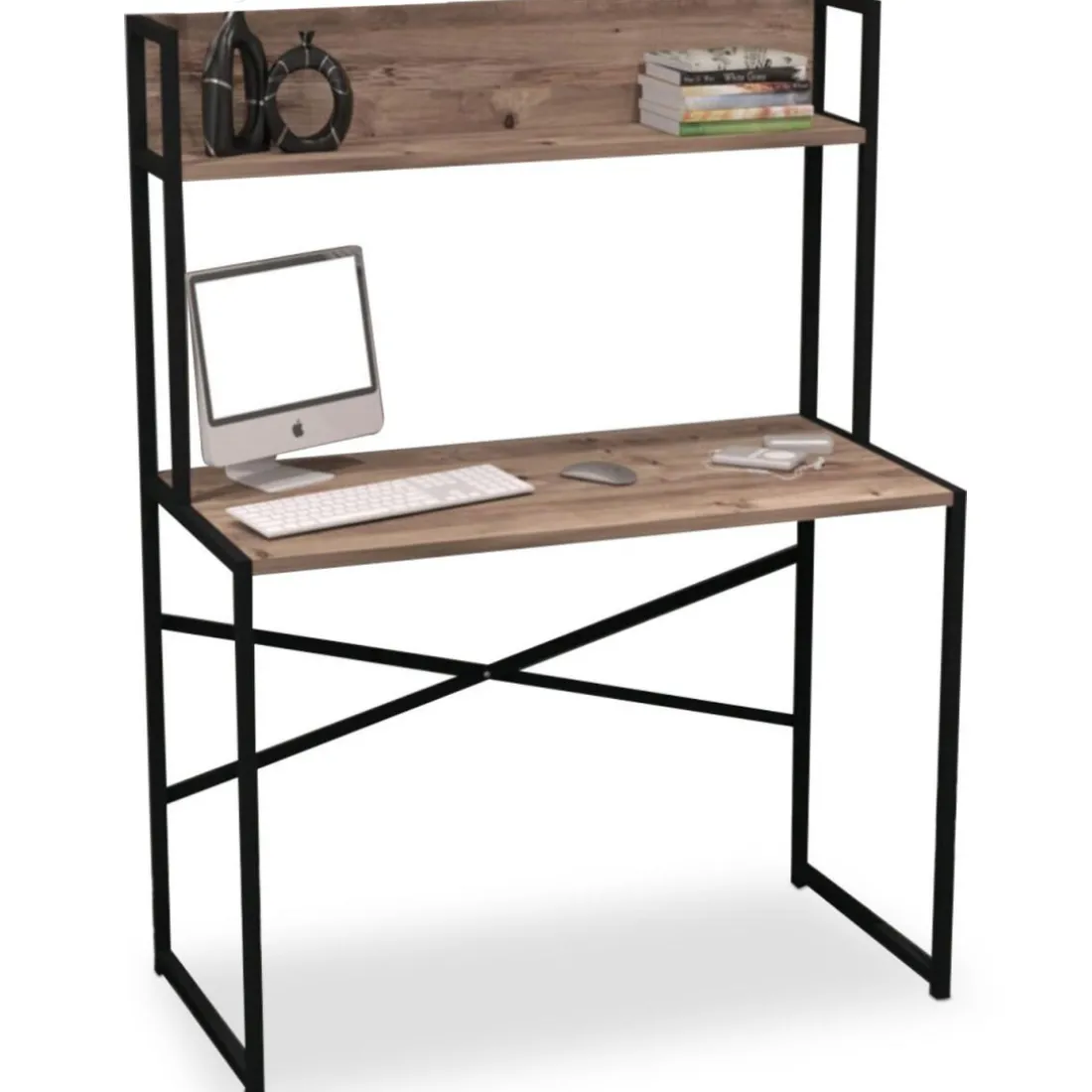 Bureau avec étagère style industriel BUZELIN L100xP50cm Chêne