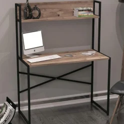 Bureau avec étagère style industriel BUZELIN L100xP50cm Chêne