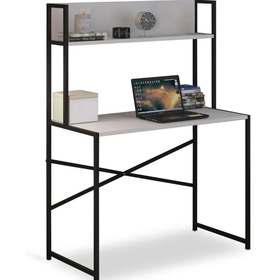 Bureau avec étagère style industriel BUZELIN L100xP50cm Blanc
