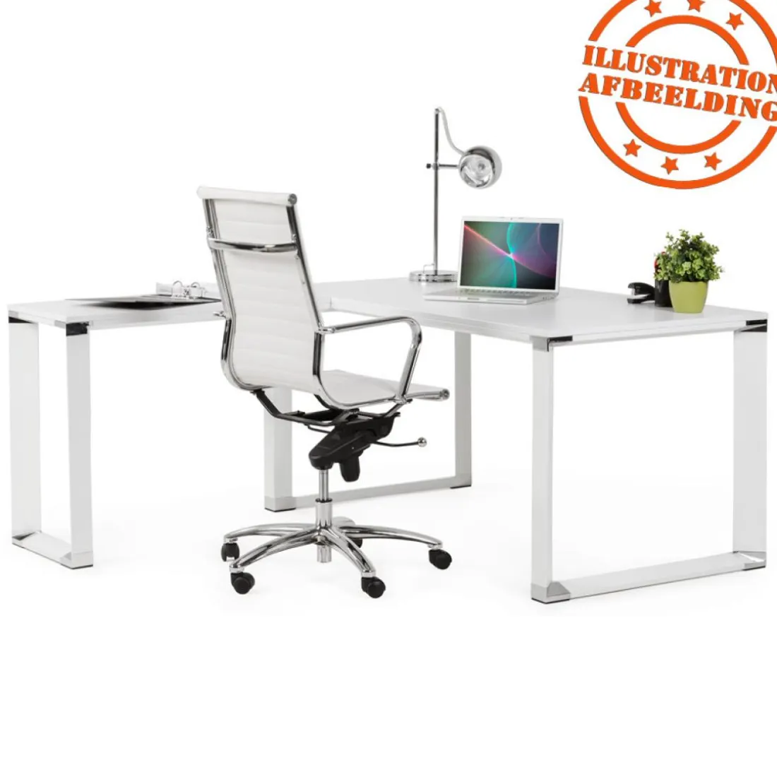 Bureau d'angle design 'XLINE' en bois finition naturelle et métal blanc