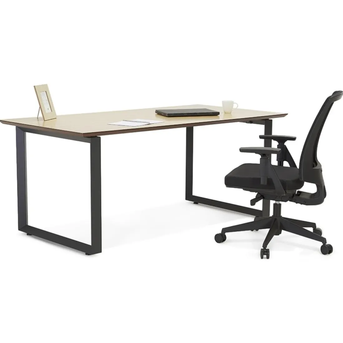 Bureau de direction droit 'GIMINI' en bois finition naturelle et métal blanc