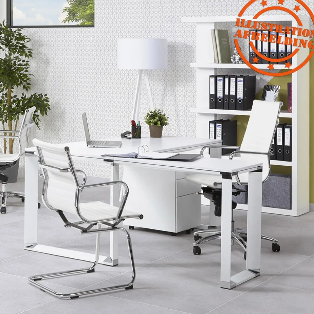 Bureau droit design 'XLINE' en bois finition naturelle et métal blanc