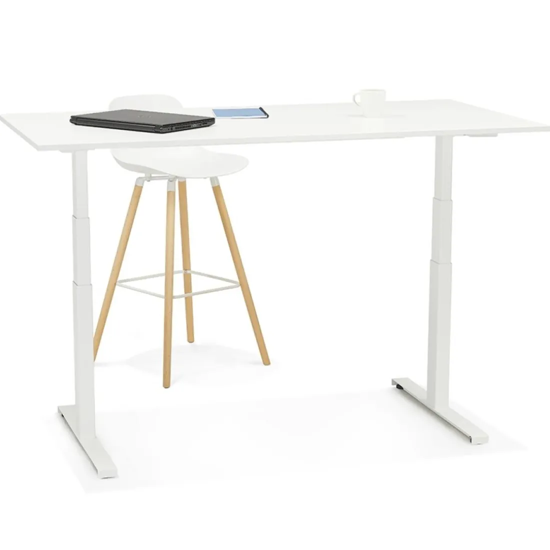 Bureau ergonomique électrique 'TRONIK' noir avec plateau en bois finition naturelle