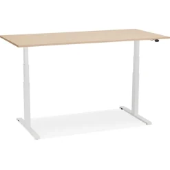 Bureau réglable en hauteur électrique 'TRONIK' blanc avec plateau en bois finition naturelle