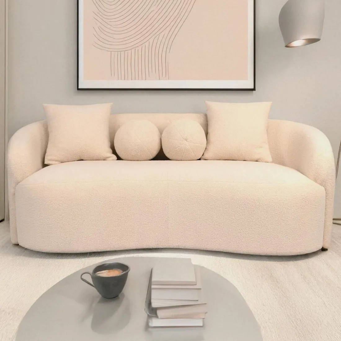 Canapé 3 places au design élégant et incurvé Alex Tissu bouclette Beige