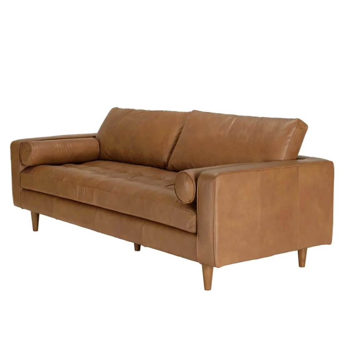 Canapé 3 places cuir couleur caramel assise capitonnée PIERRE