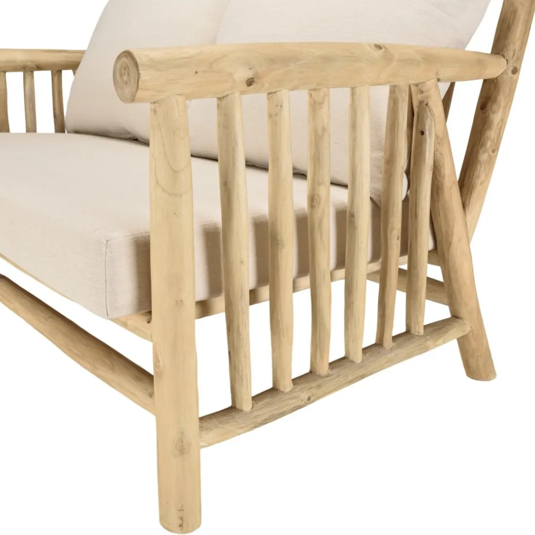 Canapé BORNEO 2places en branches de teck naturel coussins blancs WILL