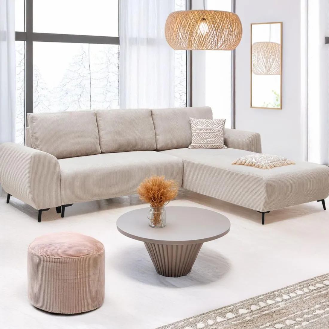 Canapé convertible avec angle réversible Paolo Velours côtelé Beige
