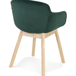 Chaise avec accoudoirs 'FRIDA' en velours vert et pieds en bois naturel