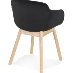 Chaise avec accoudoirs 'FRIDA' en velours noir et pieds en bois naturel