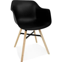 Chaise avec accoudoirs 'MELIS' noire avec pieds en métal et bois naturel