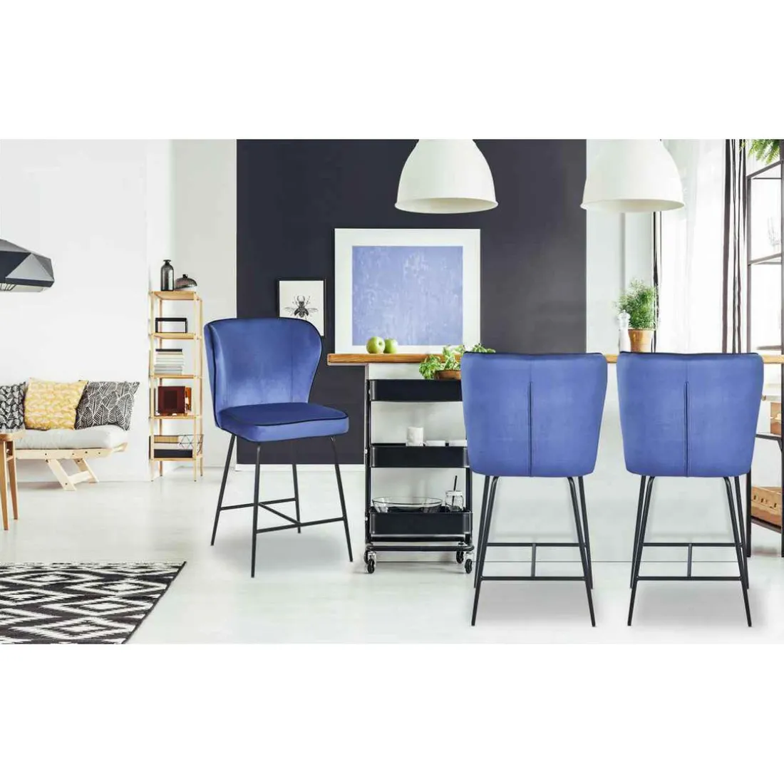 Chaise de bar ELSA Velours Bleu