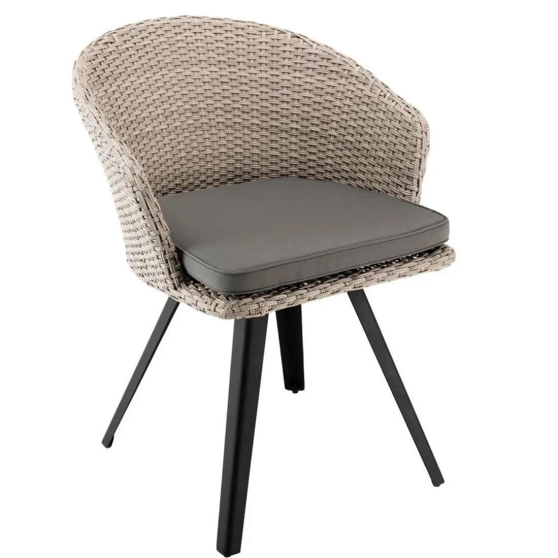 Chaise de jardin en rotin synthétique gris avec coussin gris pieds noirs en métal