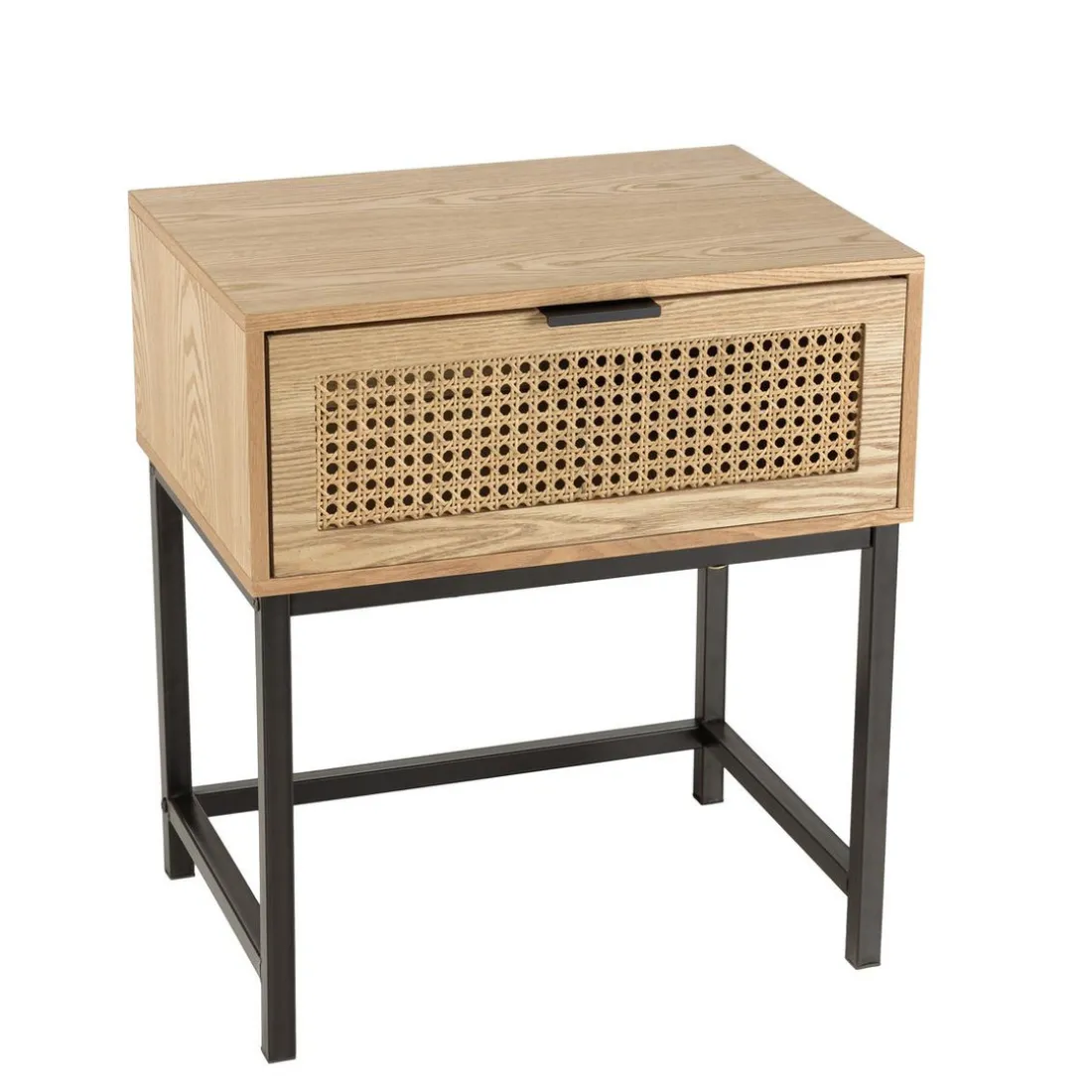 Chevet 1 tiroir cannage naturel pieds métal noir MARCEAU