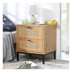 Chevet 2 Tiroirs avec Cannage Rotin en bois Beige