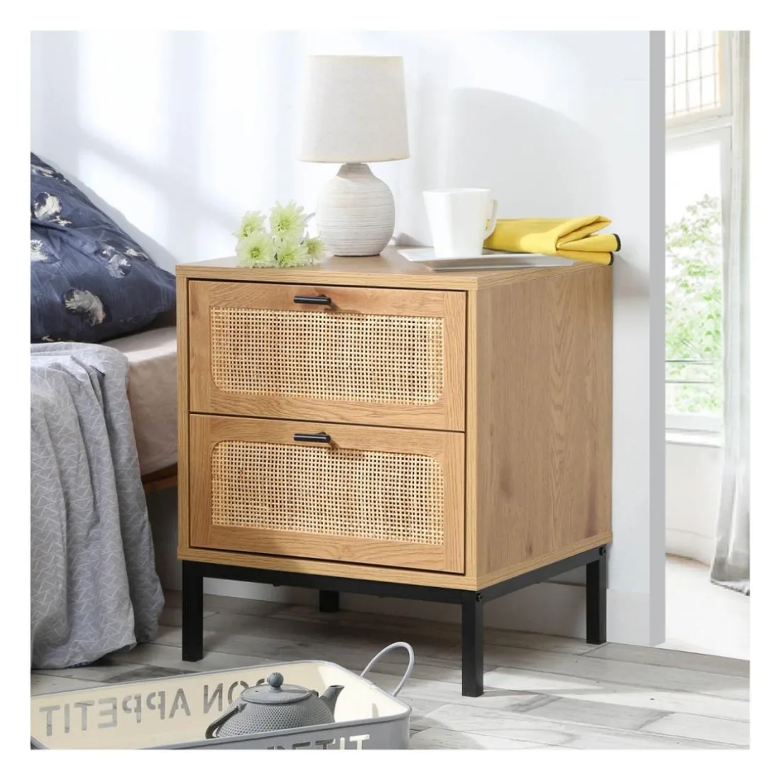 Chevet 2 Tiroirs avec Cannage Rotin en bois Beige