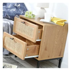 Chevet 2 Tiroirs avec Cannage Rotin en bois Beige