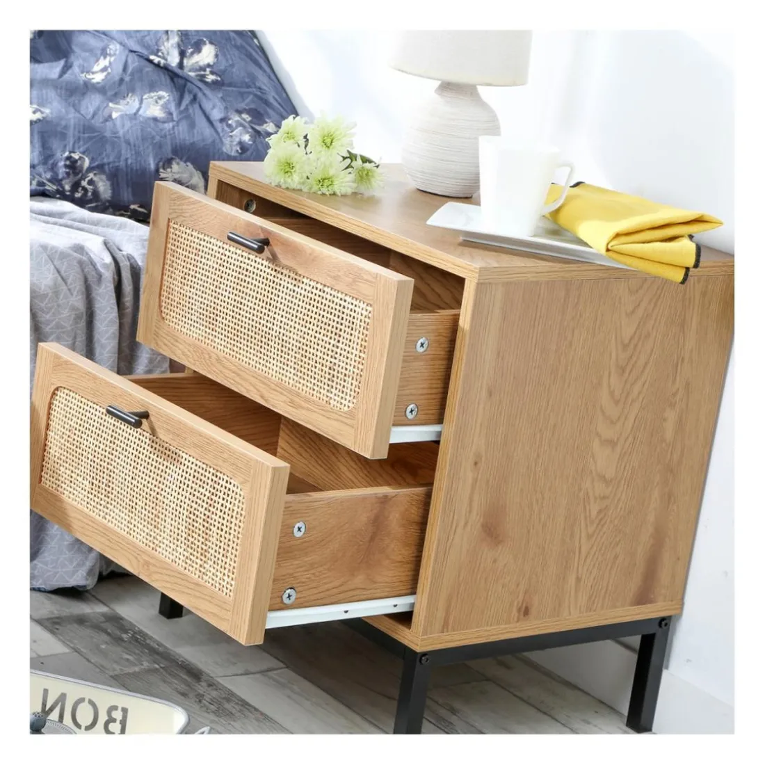 Chevet 2 Tiroirs avec Cannage Rotin en bois Beige