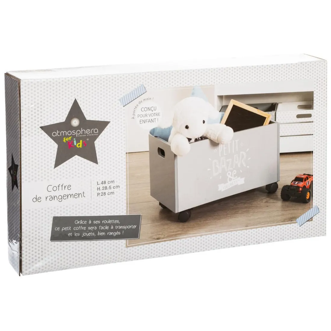 Coffre à jouets gris à roulettes