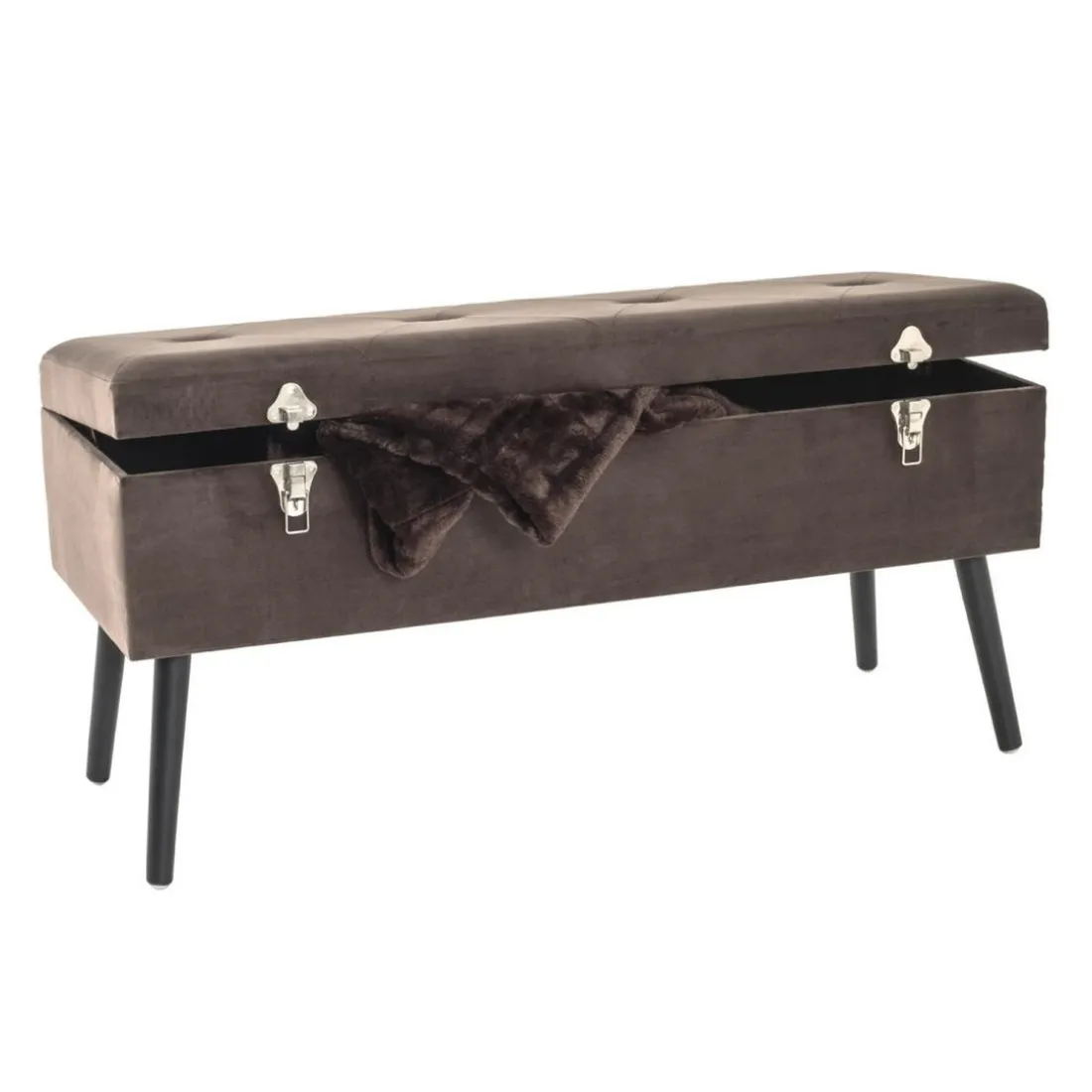 Coffre de rangement en MDF avec assise rembourrée et rabattable recouvert de tissu velours Taupe et pieds en bois de pin laqué noir