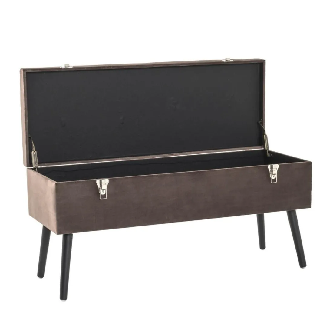 Coffre de rangement en MDF avec assise rembourrée et rabattable recouvert de tissu velours Taupe et pieds en bois de pin laqué noir