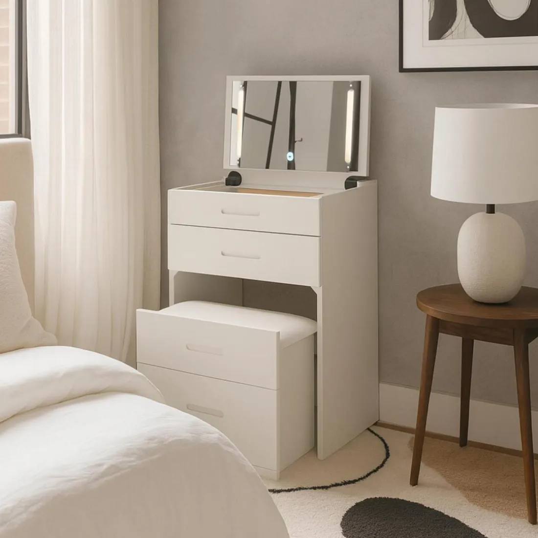 Coiffeuse compacte avec miroir LED, tiroir et pouf intégré Germina Blanc
