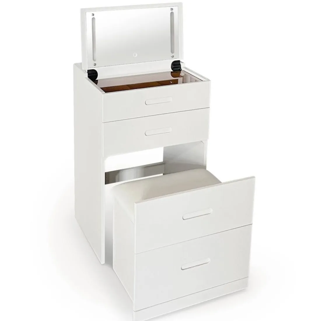 Coiffeuse compacte avec miroir LED, tiroir et pouf intégré Germina Blanc