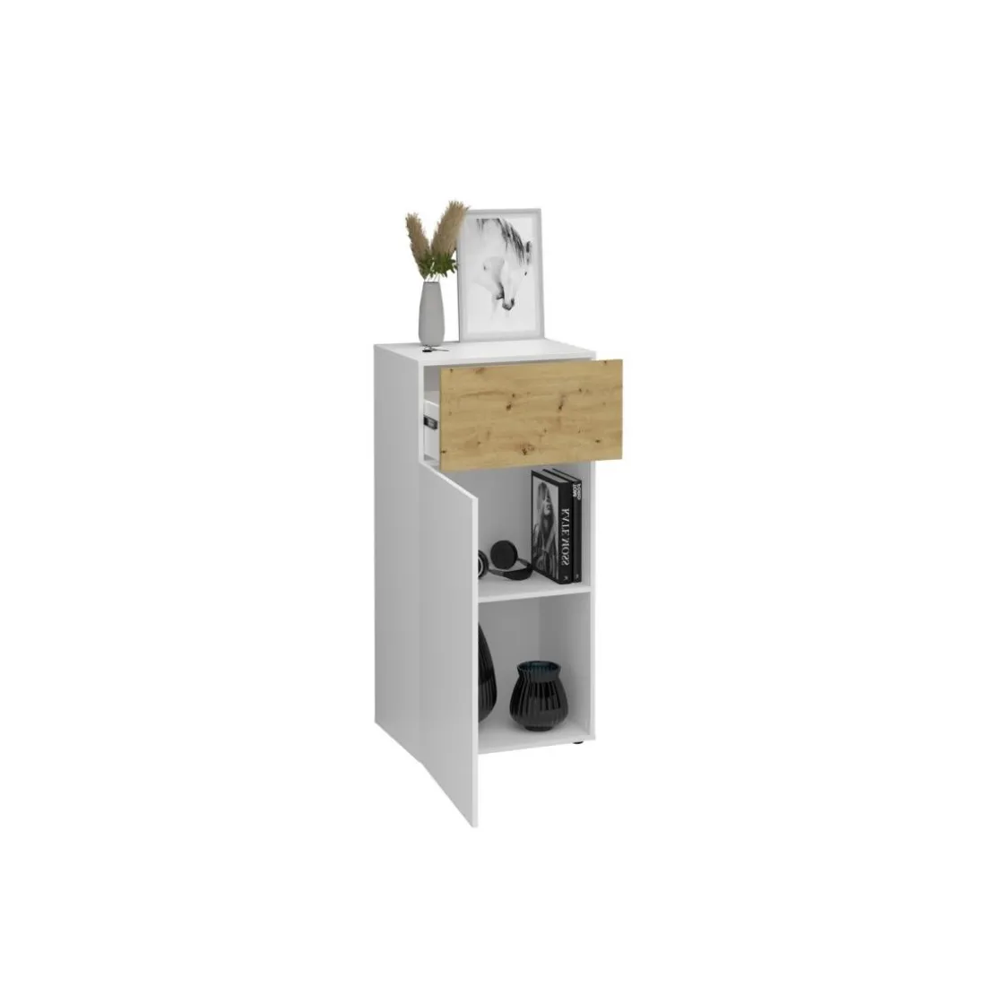 Commode 1 porte 1 tiroir BELM 6 blanc et naturel