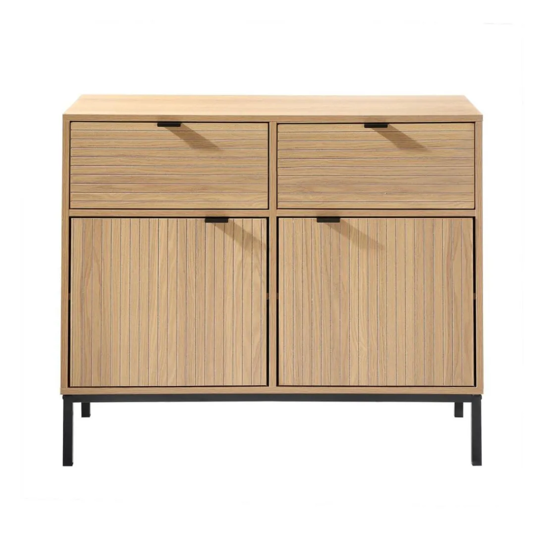 Commode 2 Portes 2 Tiroirs Façades Rainurées en bois Beige