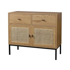 Commode 2 Portes 2 Tiroirs avec Cannage Rotin en bois Beige