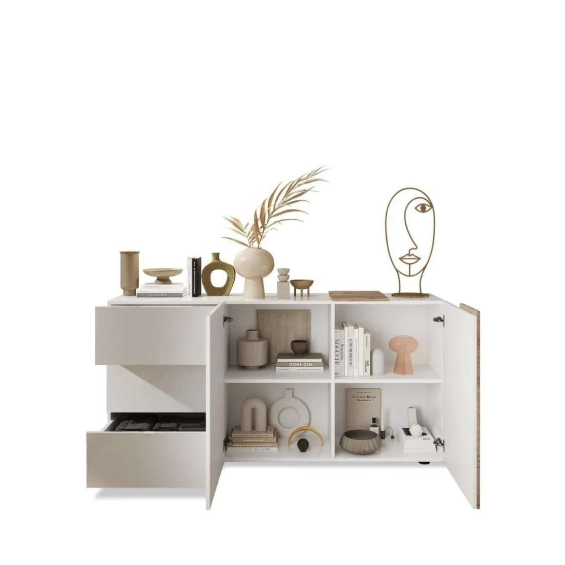 Commode 2 portes 3 tiroirs blanc lacqué